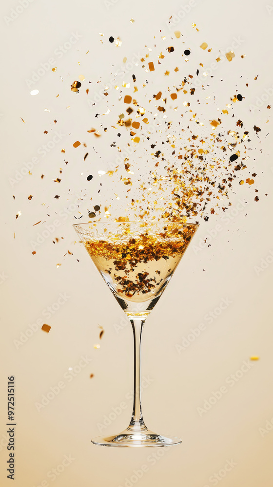 Gold glittering confetti exploding from champagne glass on light background, copy space, party invitation. Generative AI