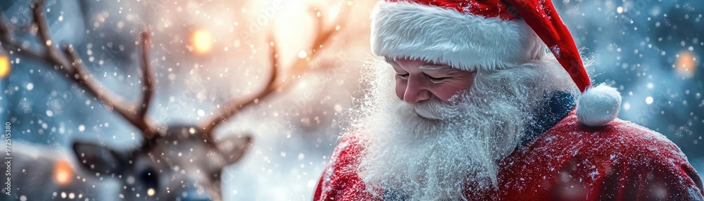 Cheerful Santa Claus in a snowy landscape, surrounded by a gentle snowfall and a majestic reindeer. Cheerful Santa Claus in a snowy landscape, surrounded by a gentle snowfall and a majestic reindeer.