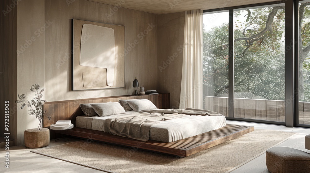 Fototapeta premium Bedroom with a large bed, a window with curtains and minimalist decor.