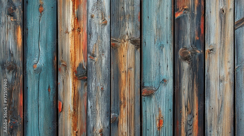 Weathered wooden planks in various shades of blue, brown, and red.