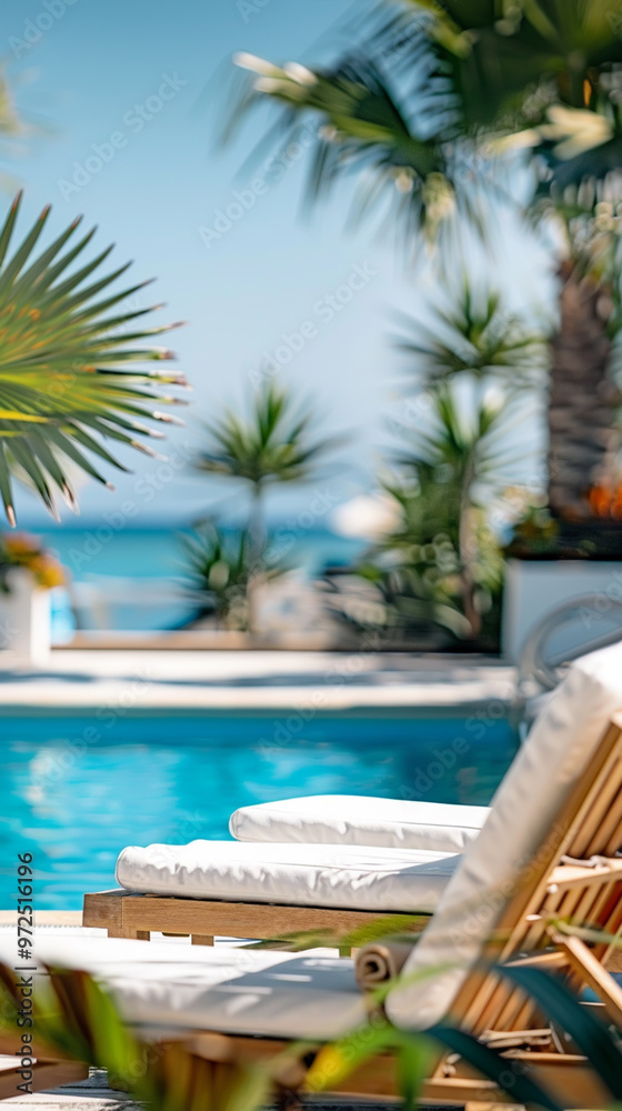 Obraz premium Luxury Tropical Poolside Retreat with Palm Trees and Ocean View