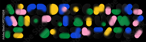 Glassmorphism font with translucent shapes forming an abstract gradient alphabet and numbers. Minimalist vector letters with blur effect and layered transparency. 