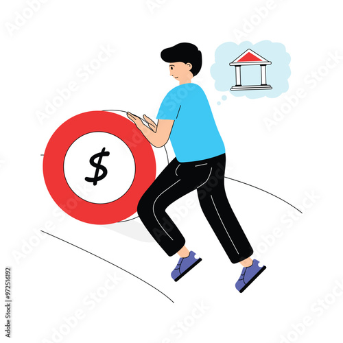 Man pushing a giant coin, symbolizing financial effort or saving