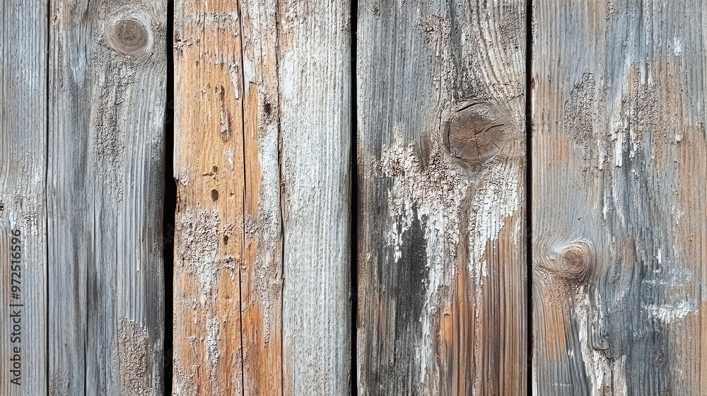 Weathered wooden planks with knots and paint peeling. Weathered wooden planks with knots and paint peeling.