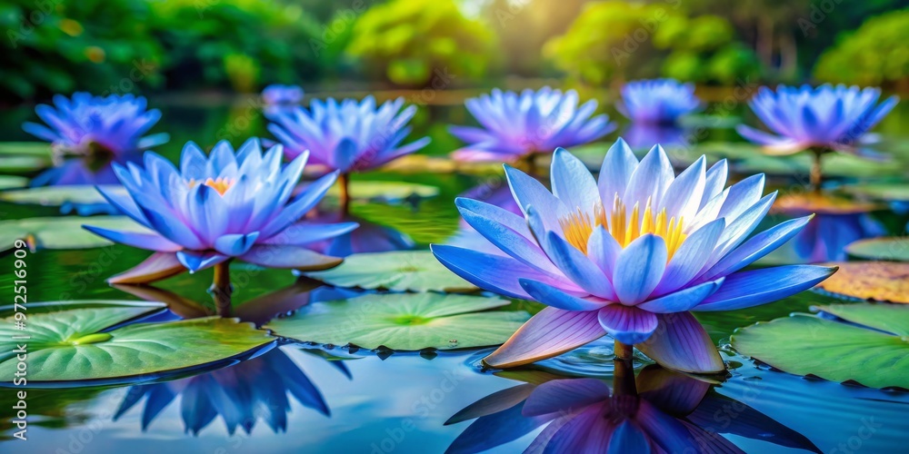 Fototapeta premium In the heart of the pond, delicate blue water lilies bloom in peaceful harmony, painting a serene landscape.