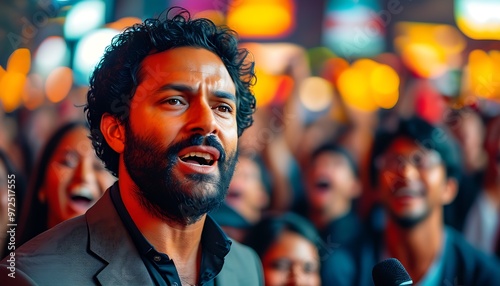 A man delivered a speech in a crowded occasion against a cheering crowd in the background. The scene was warm and vibrant.