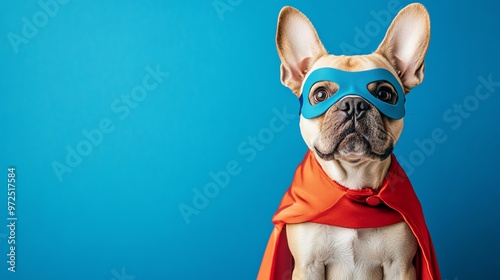 A cute french bulldog wearing a red cape and blue mask, looking like a superhero. photo