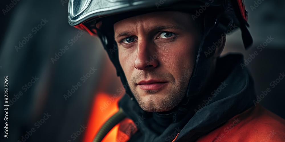 A firefighter surveys the scene with determination and focus. The intense expression highlights courage and commitment to duty. This image captures the essence of bravery in action. AI A firefighter surveys the scene with determination and focus. The intense expression highlights courage and commitment to duty. This image captures the essence of bravery in action. AI