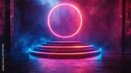 3d render abstract neon background showcase scene with geometric shapes empty podium and glowing pink blue lines futuristic wallpaper