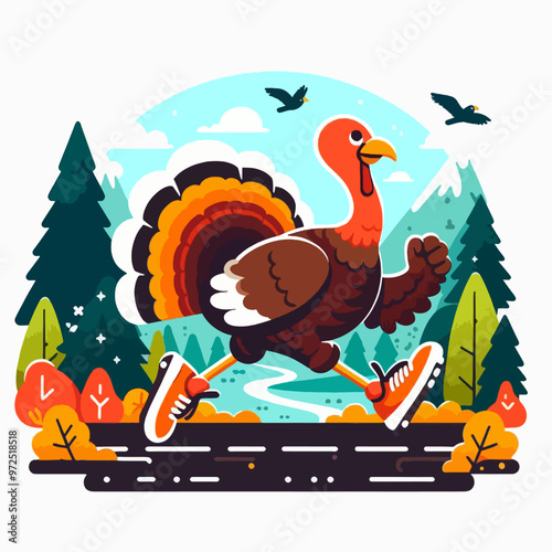 A turkey is running through a forest with a mountain