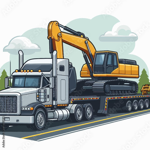 A large yellow and orange construction vehicle is being towed by a semi truck