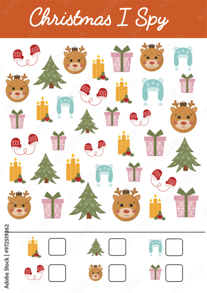Christmas, I spy. Math worksheet. Mathematic activities for schooling, early education. Counting educational logical game. Kid lessons, W inter preschool kindergarten educational activity for kids.