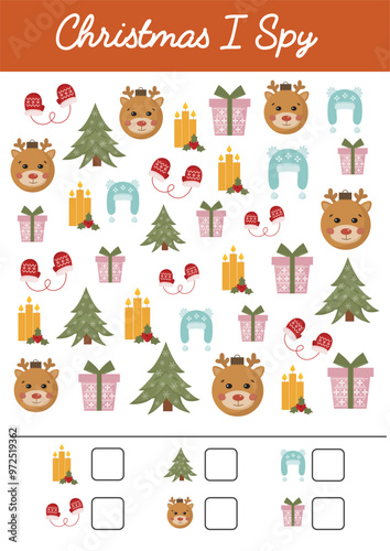 Christmas, I spy. Math worksheet. Mathematic activities for schooling, early education. Counting educational logical game. Kid lessons, W inter preschool kindergarten educational activity for kids.