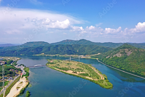 Donam-dong, Sangju-si, Gyeongsangbuk-do, South Korea - May 26, 2020: Aerial view of Gyeongcheon Island on Nakdong River with Beomwol Bridge and Nakgang Bridge