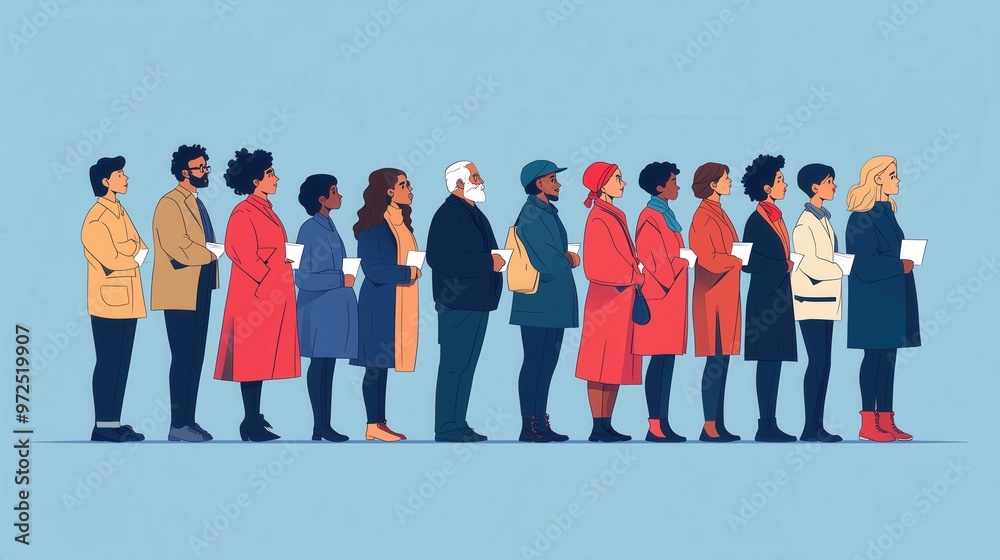 Fototapeta premium US Presidential Election image showcasing diverse group of voters different ages and ethnic groups, standing in line at polling station with ballot, in hopeful inclusive atmospher. Modern illustration