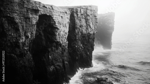 Rocky cliffs and ocean waves in black and white