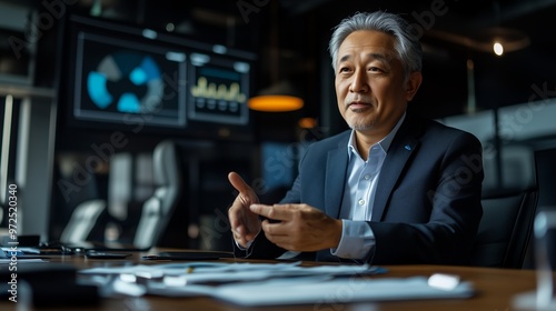 A businessman sits at a desk with a serious expression, gesturing with his hand. The room is dimly lit, with a monitor displaying graphs in the background.