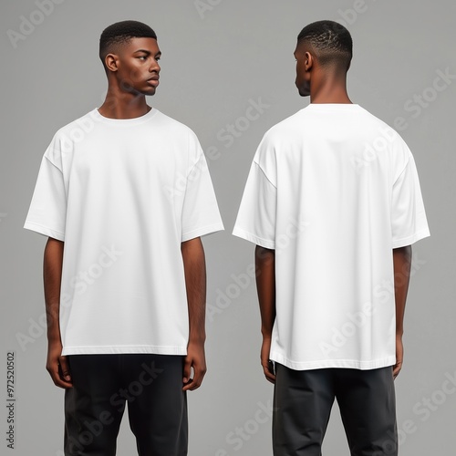Man white oversized tshirt mockup, both sides. Black man model in short sleeve tshirt mock up. Men's shirt front and back view, basic tshirt, two sides mock