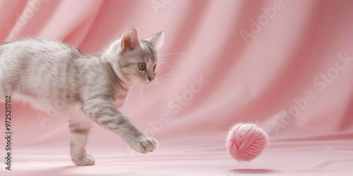 small curious domestic kitten is playing with a ball of thread at home on the floor photo