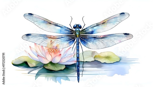 Watercolor Dragonfly on Lotus Flower