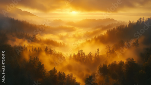 Foggy mountain valley at dawn, surrounded by forest