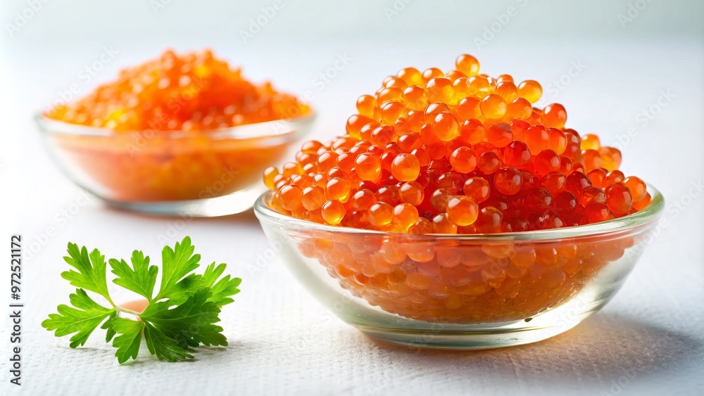 Orange tobiko caviar gathers in intricate clusters on a pristine white canvas, evoking a sense of indulgence and Orange tobiko caviar gathers in intricate clusters on a pristine white canvas, evoking a sense of indulgence and