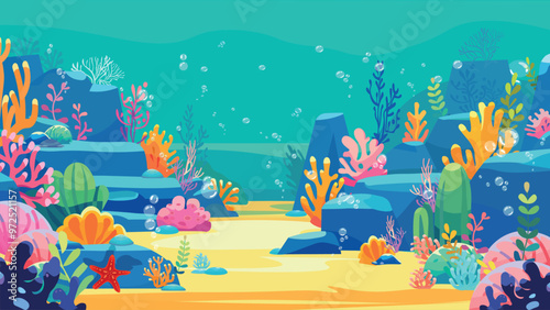 Underwater bright reef cartoon background. Undersea with corals and seaweed, sea bottom, seabed vector illustration flat design solid colors