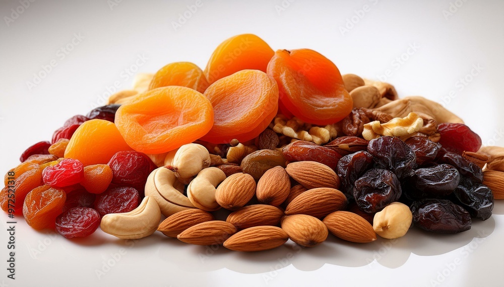 Dry fruits with a white background, emphasizing their natural texture and colors, ideal for food photography and promotions Dry fruits with a white background, emphasizing their natural texture and colors, ideal for food photography and promotions