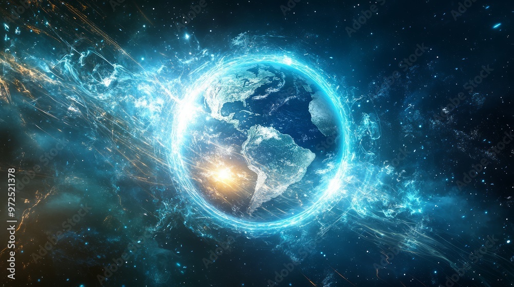 Earth protected by a shield of light. The Earth encased in a glowing and protective shield made of light, with harmful elements being repelled away from the planet Earth protected by a shield of light. The Earth encased in a glowing and protective shield made of light, with harmful elements being repelled away from the planet
