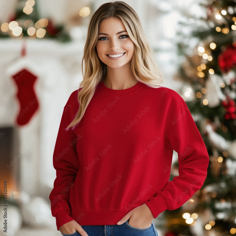 Women red sweatshirt mockup with Christmas decorated background. Young female model long sleeve tshirt mock up. Women's Gildan, basic pullover, winter casual jumper, front view, indoor lifestyle