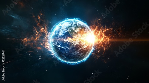 Earth protected by a shield of light. The Earth encased in a glowing and protective shield made of light, with harmful elements being repelled away from the planet