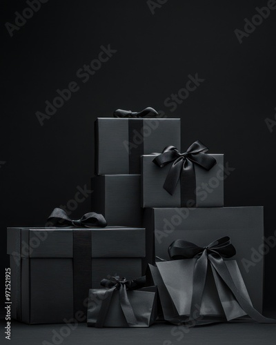 Obraz na płótnie Stacked black gift boxes with ribbons and bows, shadows. w salonie