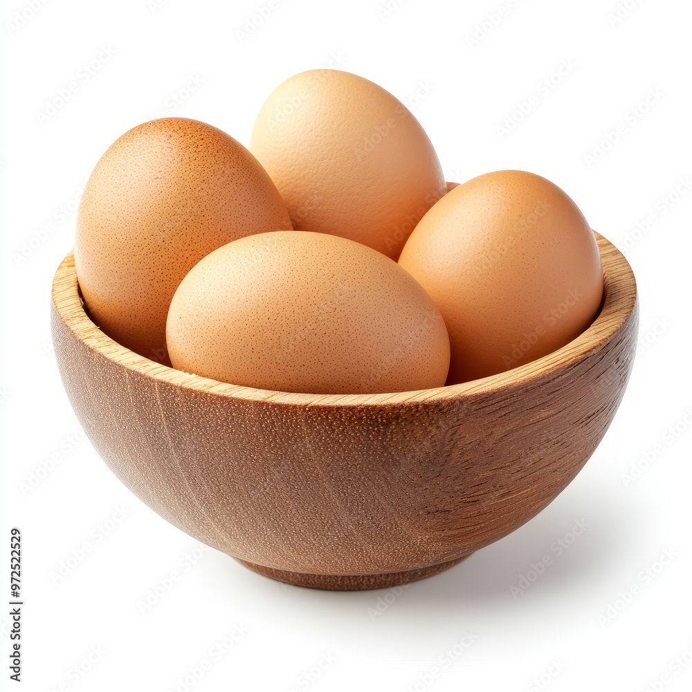 Brown eggs in a wooden bowl isolated on white background. Brown eggs in a wooden bowl isolated on white background.