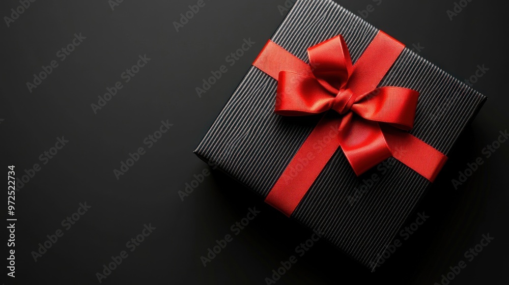 Striped black box with red bow on plain background Striped black box with red bow on plain background