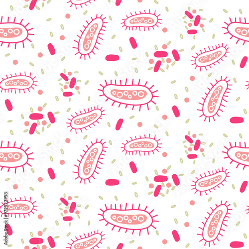 A pattern with pink microbes, viruses and bacteria. Viruses of various shapes and quantities with streamlined shapes. Seamless texture on the theme of the disease on white. Medicine, science, study