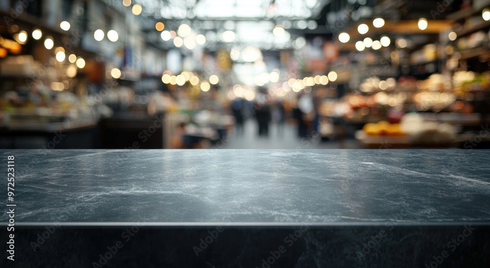Fototapeta premium A blurred market scene with a dark marble countertop in focus.