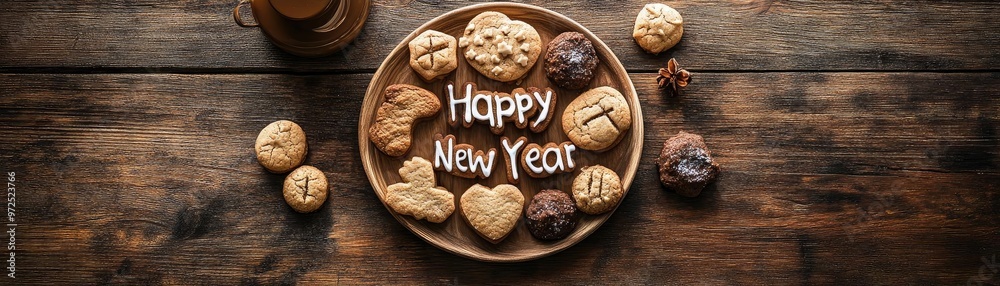 Delicious cookies arranged on a wooden plate with a festive 'Happy New Year' greeting for a joyful celebration. Delicious cookies arranged on a wooden plate with a festive 'Happy New Year' greeting for a joyful celebration.