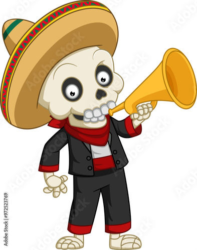 Mexican musician skeleton playing trumpet