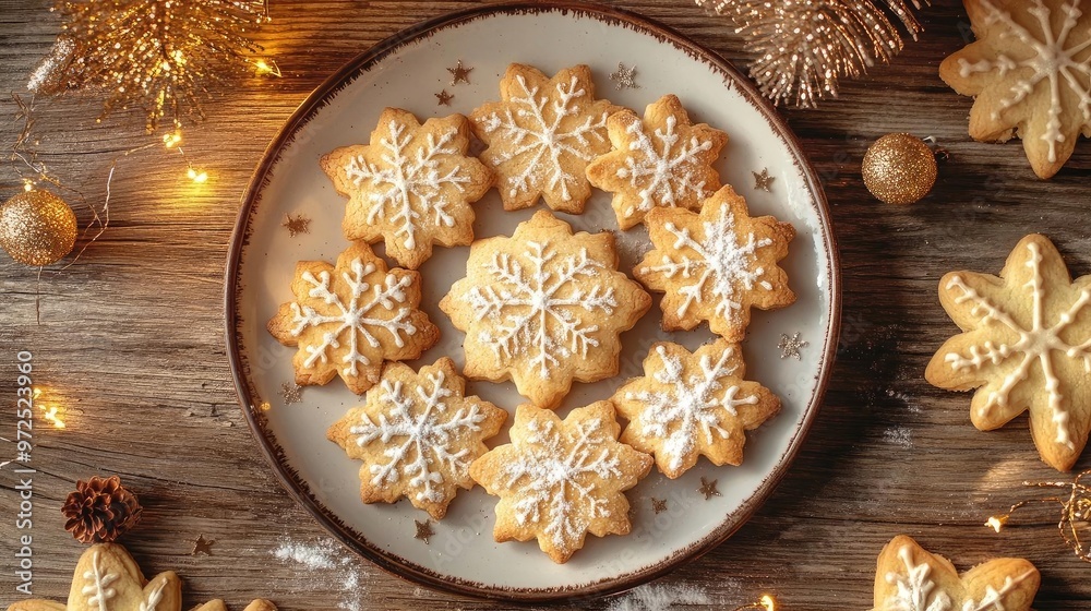 Fototapeta premium Delicious iced cookies arranged beautifully on a decorative plate, perfect for festive celebrations and joyful gatherings.