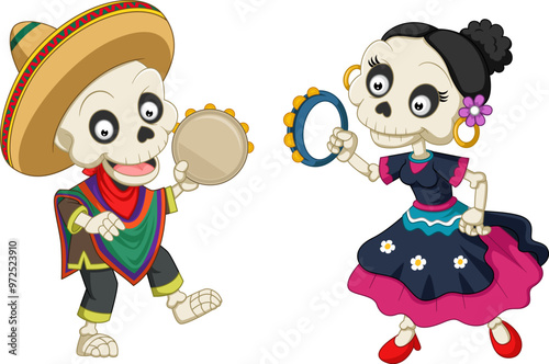 The day of the Dead. Mariachi skeleton band with musical instruments