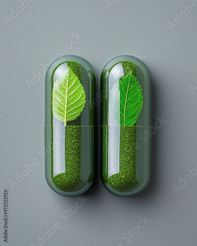 Two green capsules with leaf inside on clean grey background photo