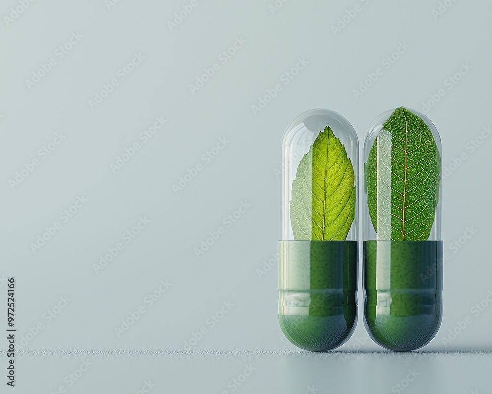 Green capsules with whole leaves representing purity.