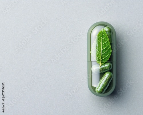 Green capsules with leaf on top in modern design photo