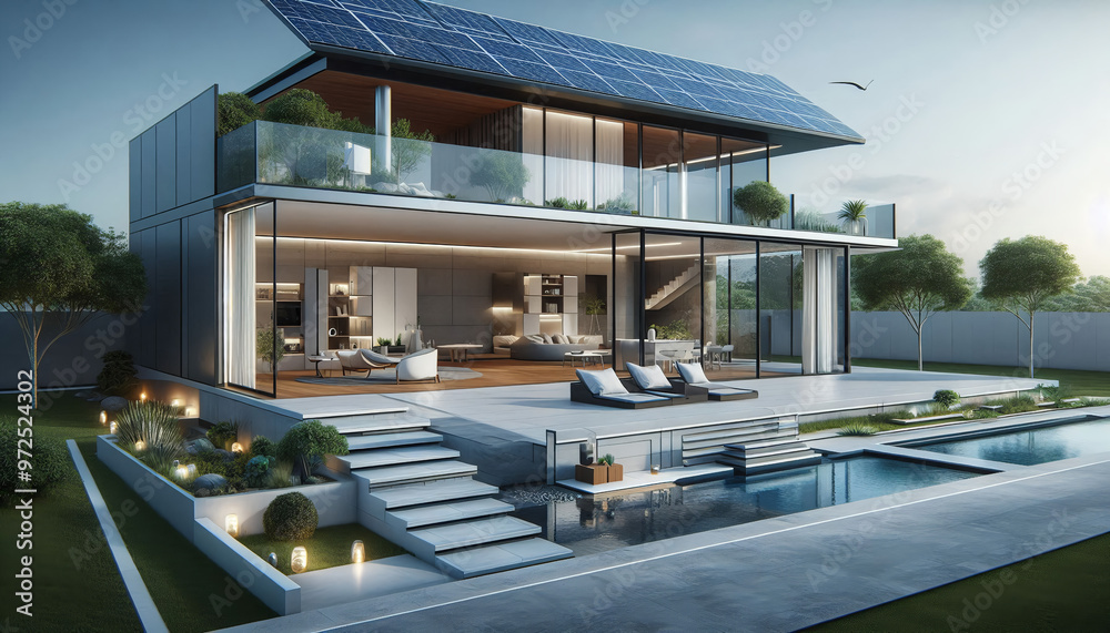 Fototapeta premium A sleek futuristic smart home with clean lines, solar panels on the roof, and large glass windows overlooking a minimalist garden.