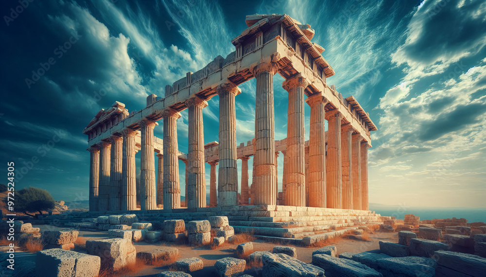 Obraz premium The majestic ruins of an ancient Greek temple with tall stone columns, set against a bright blue sky with clouds.