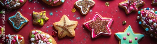 Colorful decorated cookies in star shapes on a festive background, perfect for holiday celebrations and sweet treats.