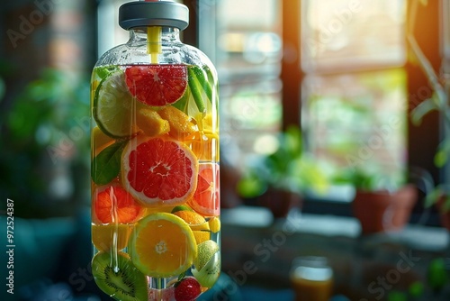 photo of a colorful IV drip bag filled with vitamins and fruit-infused saline solution for a unique therapy session.