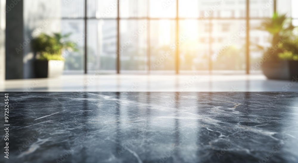 A modern interior space with a polished marble surface and large windows letting in sunlight. A modern interior space with a polished marble surface and large windows letting in sunlight.