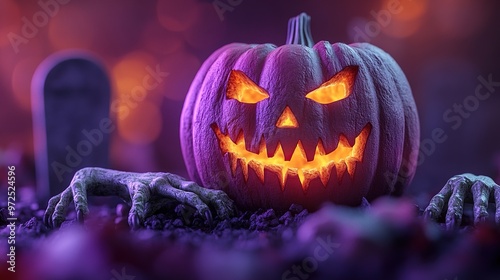 Wallpaper Mural 3d render burning pumpkin with angry face jack lantern and scary green zombie arms show out of the ground in front of the gravestone halloween illustration isolate3d on purple background Torontodigital.ca