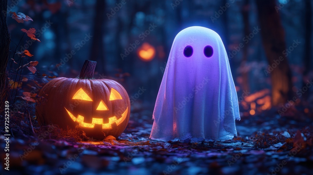 Creepy ghost and carved pumpkin in the forest. Creepy ghost and carved pumpkin in the forest.